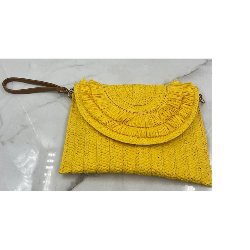 Yellow Woven Straw Fringe Clutch Bag Wristlet Shoulder Strap Summer Beach Boho